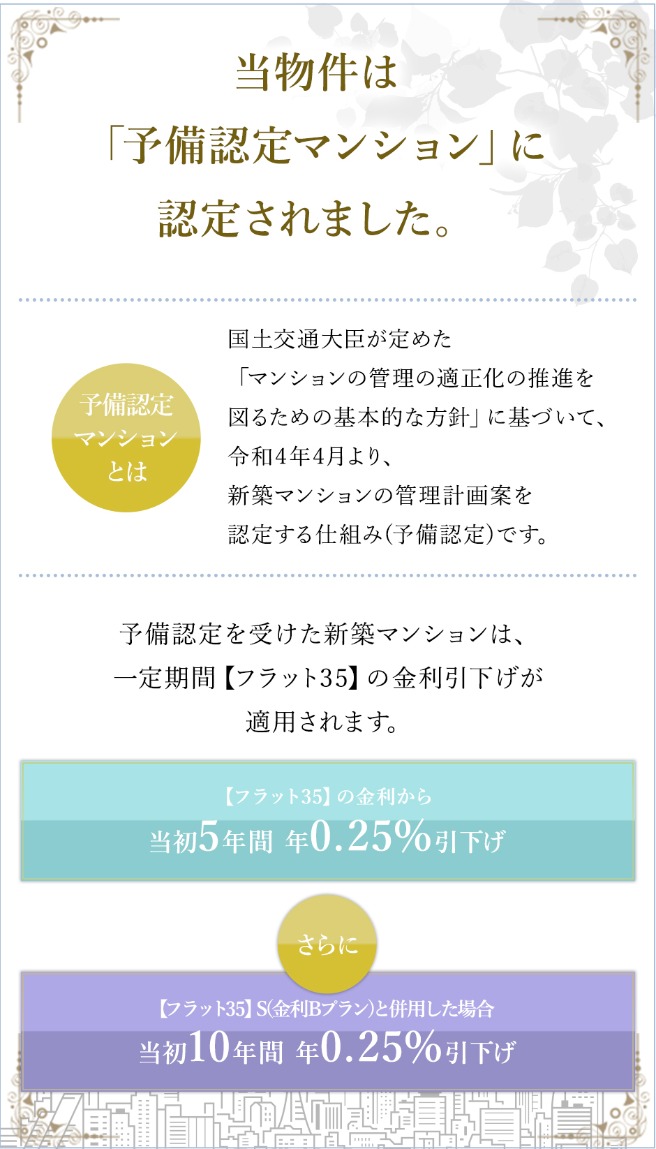 当物件は「予備認定マンション」に認定されました。